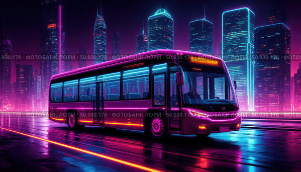 A neon bus is driving down a city street. Стоковое AI-изображение, AI-художник Ярославский Максим / Фотобанк Лори