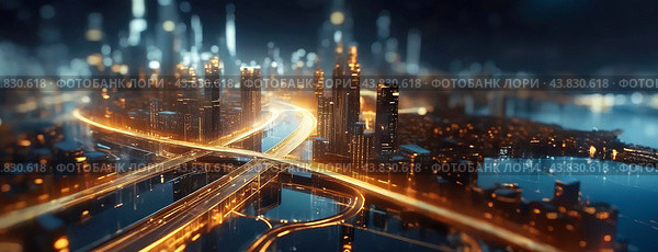 A night scene of a futuristic city with illuminated highways and traffic junctions, showcasing the bright lights and advanced infrastructure of the urban landscape. Стоковое AI-изображение, AI-художник Ольга Сухарева / Фотобанк Лори