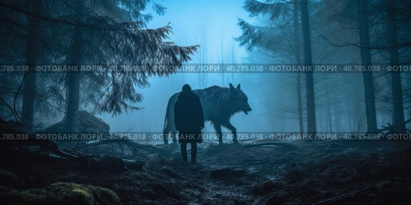A norse scandinavian god Vidar standing in the woods with a horse. Generative AI image. Стоковое AI-изображение, AI-художник Сергей Старуш / Фотобанк Лори