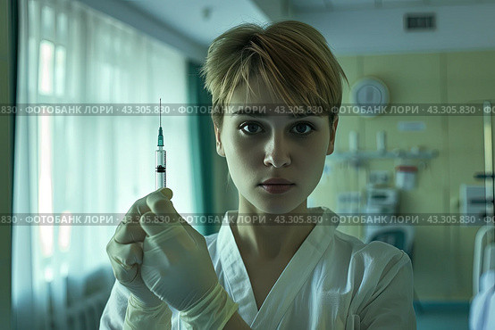 A nurse clutching a syringe tightly in her hands against the background of a hospital room. Стоковое AI-изображение, AI-художник Ярославский Максим / Фотобанк Лори