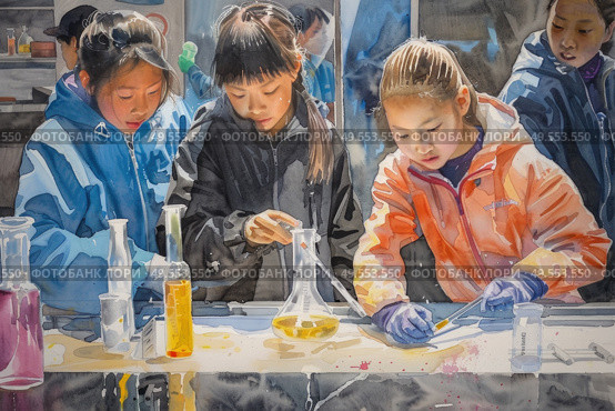 A painting depicting a group of children engaged in various scientific experiments and observations in a laboratory setting. Стоковое AI-изображение, AI-художник Данила Большаков / Фотобанк Лори