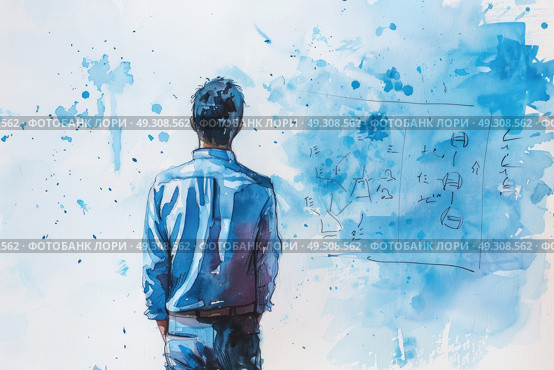 A painting depicting a man standing and staring at a solid blue wall in contemplation. Стоковое AI-изображение, AI-художник Данила Большаков / Фотобанк Лори