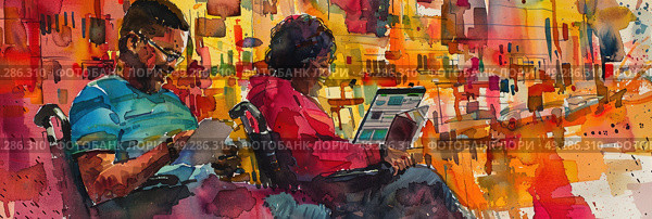A painting depicting two individuals seated together on a bench. Стоковое AI-изображение, AI-художник Данила Большаков / Фотобанк Лори