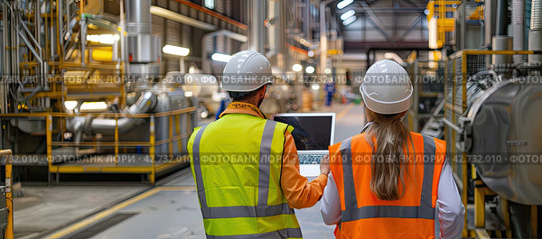 A panoramic banner with two engineers in protective helmets and yellow vests in the production room. They check the data on the laptop. Стоковое AI-изображение, AI-художник Ярославский Максим / Фотобанк Лори