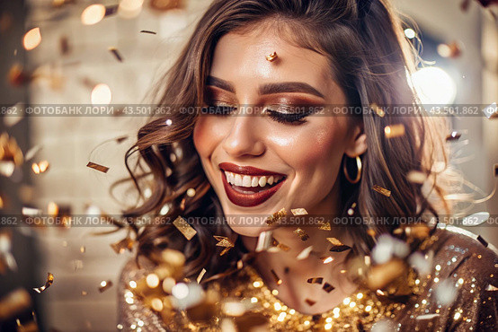 A party. A beautiful, happy girl in a stylish festive dress surrounded by gold confetti and sequins. The concept of celebrating a birthday and a happy new year. Close-up. Стоковое AI-изображение, AI-художник Photojuli / Фотобанк Лори