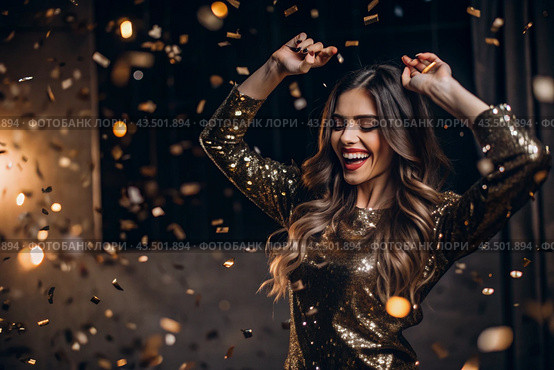A party. A beautiful, happy girl in a stylish festive dress surrounded by gold confetti and sequins. The concept of celebrating a birthday and a happy new year. Close-up. Стоковое AI-изображение, AI-художник Photojuli / Фотобанк Лори