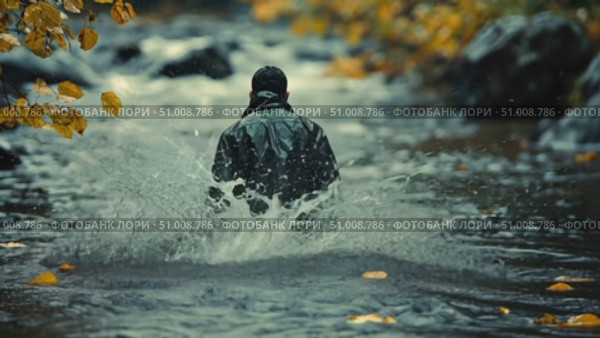 A person dressed in a dark jacket walks through a stream, surrounded by vibrant autumn leaves and serene scenery during the evening. Стоковое AI-видео, аниматор Данила Большаков / Фотобанк Лори