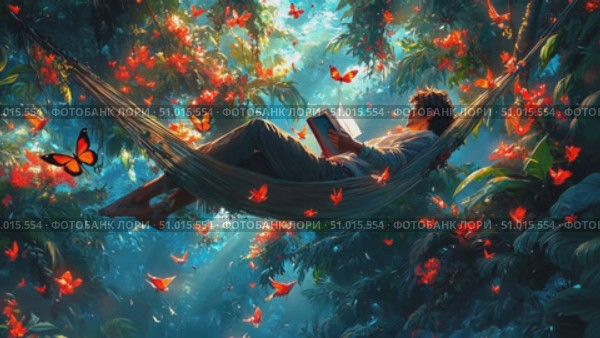 A person enjoys a peaceful afternoon in a hammock, reading a book amidst vibrant butterflies and rich green foliage in a serene forest setting. Стоковое AI-видео, аниматор Данила Большаков / Фотобанк Лори