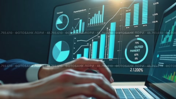 A person in a business suit working on a laptop with virtual icons related to data analysis, showcasing bar charts and diagrams stock market trends and financial activity. Стоковое AI-видео, аниматор Sergey Grishin / Фотобанк Лори
