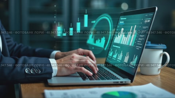 A person in a business suit working on a laptop with virtual icons related to key performance indicators (KPI), displaying business dashboard. Стоковое AI-видео, аниматор Sergey Grishin / Фотобанк Лори