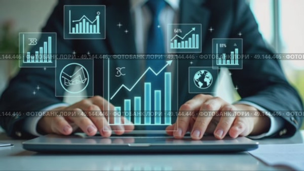 A person in a business suit working on a laptop with virtual icons related to data analysis, showcasing charts, graphs, diagrams, market trends and other finance symbols. Стоковое AI-видео, аниматор Sergey Grishin / Фотобанк Лори