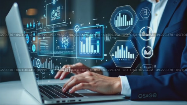 A person in a business suit working on a laptop with virtual icons related to project management, featuring task lists analysis and business processes flowing chart. Стоковое AI-видео, аниматор Sergey Grishin / Фотобанк Лори