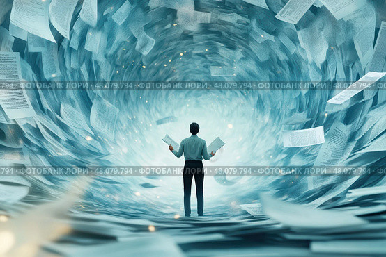 A person is caught in a swirling vortex of flying documents, showcasing an expression of disbelief. This dynamic scene captures the chaos and overwhelm often associated with administrative tasks. Стоковое AI-изображение, AI-художник Nart / Фотобанк Лори