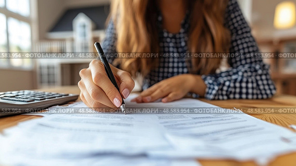 A person is diligently filling out forms at a wooden desk, utilizing a calculator and surrounded by paperwork in a bright, organized environment. Стоковое AI-изображение, AI-художник Данила Большаков / Фотобанк Лори