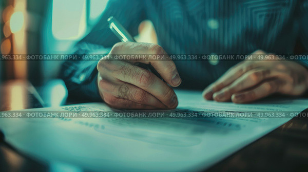 A person is engaged in writing on a paper, resting on a desk, illuminated by warm ambient light. Стоковое AI-изображение, AI-художник Данила Большаков / Фотобанк Лори