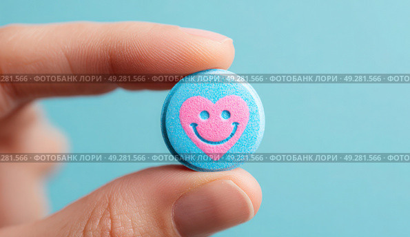 A person is holding a blue and pink pill shaped like a heart. Стоковое AI-изображение, AI-художник Ярославский Максим / Фотобанк Лори