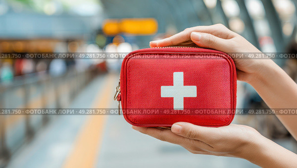 A person is holding a red bag with a cross on it. Стоковое AI-изображение, AI-художник Ярославский Максим / Фотобанк Лори