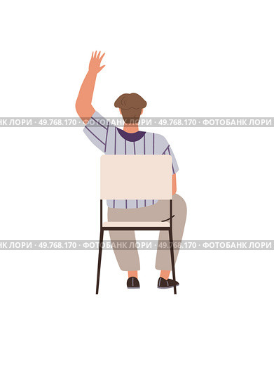 A person is seated on a chair with an arm raised, symbolizing participation. Ideal for education, learning, classroom engagement, studying, and interaction themes. Animated illustration style. Student Raising Hand in Classroom Setting Back View for Education and Learning Concepts. Стоковая иллюстрация, агентство Ingram Publishing / Фотобанк Лори