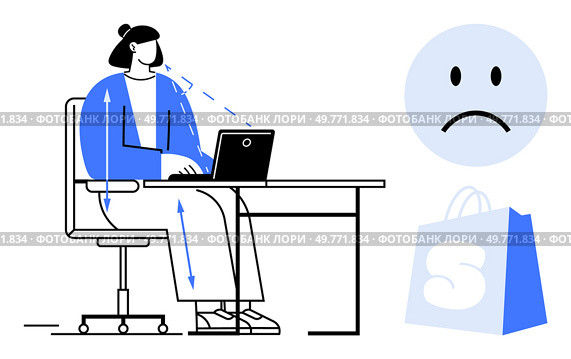 A person sits at a desk using a laptop, arrows indicating discomfort or strain. Nearby, a sad face and a bag with an S are visible. Ideal for health, technology, ergonomics, emotions, workplace. Person Using Laptop With Sad Face And Shopping Bag Nearby, Highlighting Discomfort. Стоковая иллюстрация, агентство Ingram Publishing / Фотобанк Лори