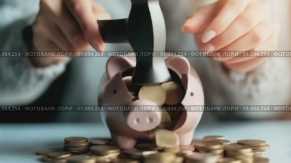 A person using a hammer to break a piggy bank surrounded by coins. The scene represents saving, finance, and budgeting concepts. Стоковое AI-видео, аниматор Nart / Фотобанк Лори