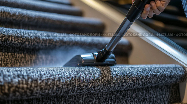 A person vacuuming a carpeted staircase in a modern home during the afternoon light to maintain cleanliness and hygiene. Стоковое AI-изображение, AI-художник Сергей Толмачёв / Фотобанк Лори
