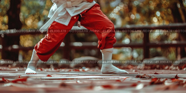 A person wearing red pants and a white shirt is executing a trick skillfully. Стоковое AI-изображение, AI-художник Данила Большаков / Фотобанк Лори