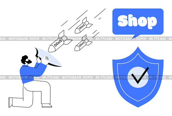A person with a shield blocking DDoS attacks represented by missiles aimed at a shop. Ideal for online security, DDoS defense, e-commerce protection, cybersecurity awareness, digital safety. Cybersecurity and Protection Against DDoS Attacks for Online Shops and E-Commerce. Стоковая иллюстрация, агентство Ingram Publishing / Фотобанк Лори