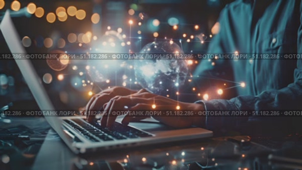 A person works on a laptop, surrounded by glowing graphics representing global connections and data exchange at night. Стоковое AI-видео, аниматор Данила Большаков / Фотобанк Лори