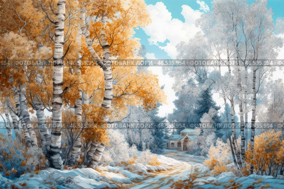 A picturesque autumn-winter landscape in the style of painting or digital illustration. Slender white-trunked birches stand in the foreground, their leaves have partially retained a warm golden-orange hue, creating a contrast with the snow-covered ground. The road, winding, goes deep into the picture, leading to a cozy wooden house with carved platbands, which is hidden among the trees.The background is presented in soft blue and white shades, depicting the sky with fluffy clouds and frosty trees covered with hoarfrost. The picture conveys the atmosphere of the transitional period between autumn and winter, when the first frosts cover nature with light hoarfrost, but the warm colors of autumn still remain. Стоковое AI-изображение, AI-художник Анна Кривицкая / Фотобанк Лори