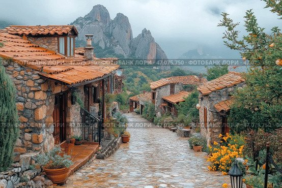 A picturesque mountain village with cobbled streets and stone houses with terracotta roofs. The atmosphere of the place seems cozy and slightly foggy, creating a feeling of privacy and peace. A narrow cobbled road gently descends, surrounded by greenery, flowers and potted plants. In the distance, majestic rocks are visible, partially hidden by a light fog, which gives the scene mystery and atmosphere. Everything in this picture breathes history, natural harmony and traditional architecture. Стоковое AI-изображение, AI-художник Анна Кривицкая / Фотобанк Лори
