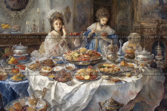 A picturesque scene of a luxurious noble feast in the style of the 18th century. Women in exquisite historical attire enjoy an abundance of dishes served on a richly decorated table. The atmosphere is festive, refined and aristocratic grace. Attention to detail in the interior and tableware emphasizes the era and creates a sense of time. Suitable for the themes of history, cooking, traditions, Renaissance and art. Стоковое AI-изображение, AI-художник Анна Кривицкая / Фотобанк Лори