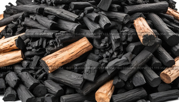 A pile of charcoal pieces, among which there are incompletely burnt logs with brown flecks. Perfect for grilling and creating a cozy atmosphere at parties. Стоковое AI-изображение, AI-художник Светлана  Громак / Фотобанк Лори
