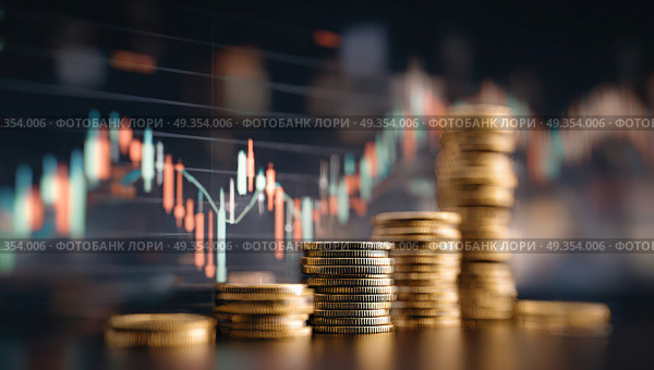 A pile of coins and a graph of a stock market. Стоковое AI-изображение, AI-художник Ярославский Максим / Фотобанк Лори