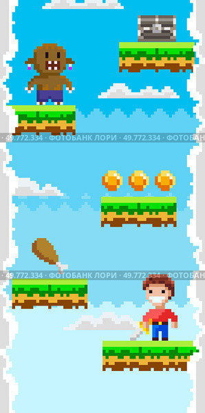 A pixel art scene with a hero on floating platforms, collecting coins, avoiding monsters, and seeking treasures against a sky background. Ideal for gaming, retro themes, adventure, pixel art, digital. Retro Video Game with Hero Collecting Coins and Evading Monsters, in Pixel Art Style. Стоковая иллюстрация, агентство Ingram Publishing / Фотобанк Лори