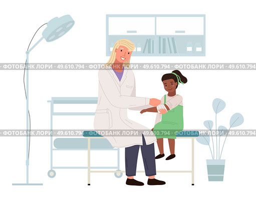 A podiatrist uses a bandage to help a girl. Patient with a sore arm at appointment with doctor in medical office. Orthopedist treats small child in hospital. Children s doctor works with a patient. A podiatrist uses a bandage to help a girl. Patient with a sore arm in medical office with a doctor. Стоковая иллюстрация, агентство Ingram Publishing / Фотобанк Лори
