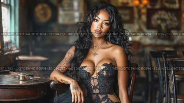 A poised model showcases her intricate tattoos while seated in a vintage setting, highlighting beauty and artistry in a creative atmosphere. Стоковое AI-видео, аниматор Данила Большаков / Фотобанк Лори