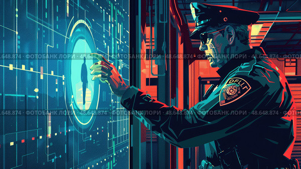 A police officer examines digital screens filled with data and graphics while monitoring security systems in a high-tech environment. Стоковое AI-изображение, AI-художник Данила Большаков / Фотобанк Лори