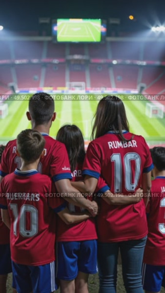 A portrait of a family at a fan zone, parents and children all wearing matching jerseys, their faces lit by the glow of a giant screen showing a sport game. Стоковое AI-видео, аниматор Sergey Grishin / Фотобанк Лори