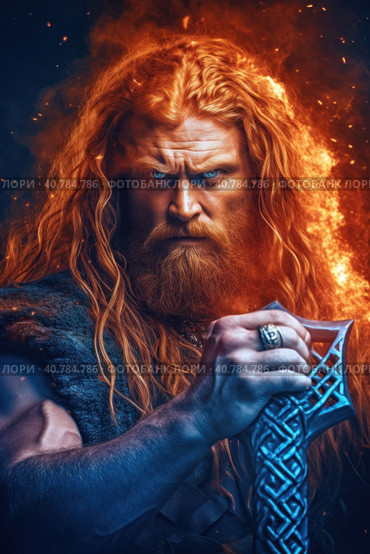 A portrait of old norse scandinavian pagan god Thor with long red hair holding hist hammer Mjolnir. Generative AI image. Стоковое AI-изображение, AI-художник Сергей Старуш / Фотобанк Лори