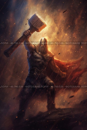 A portrait of old norse scandinavian pagan god Thor with long red hair holding hist hammer Mjolnir. Generative AI image. Стоковое AI-изображение, AI-художник Сергей Старуш / Фотобанк Лори