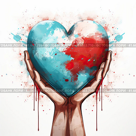 A poster with a multicolored heart in the hands of a person. Generated by AI. Стоковое AI-изображение, AI-художник Ярославский Максим / Фотобанк Лори