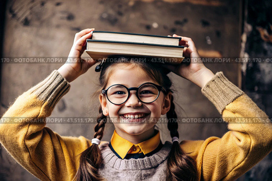 A pretty girl with glasses and books on her head. The child goes to school for the first time. A child in the fresh air. Back to school. Стоковое AI-изображение, AI-художник Photojuli / Фотобанк Лори