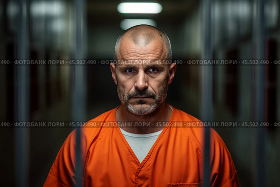 A prisoner in an aged orange uniform looks directly at the camera from behind metal bars in a dimly lit detention center, capturing the gravity of incarceration. Стоковое AI-изображение, AI-художник Sergey Grishin / Фотобанк Лори