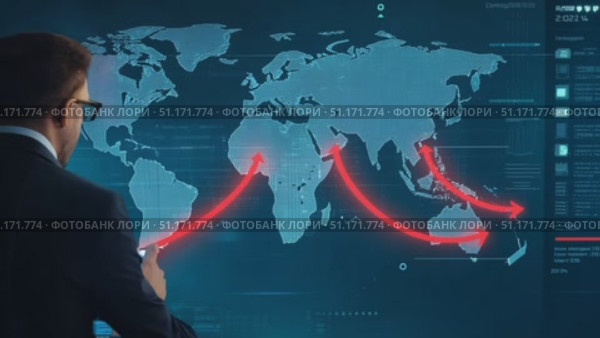 A professional examines global trade flows on a high-tech display in an innovative work environment. Стоковое AI-видео, аниматор Данила Большаков / Фотобанк Лори