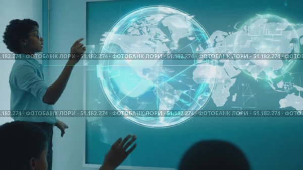 A professional explains key global trends while pointing at an interactive map in a sleek conference room setting. Стоковое AI-видео, аниматор Данила Большаков / Фотобанк Лори