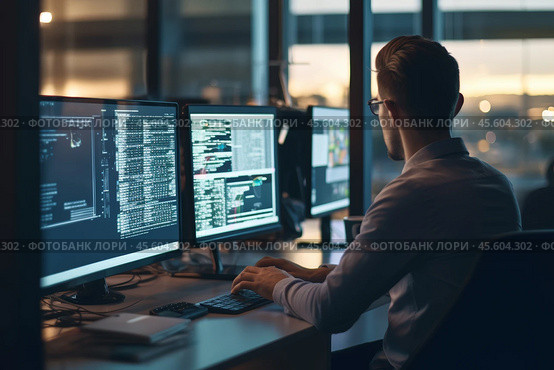 A programmer is deeply focused on coding in a contemporary IT office. Surrounded by multiple monitors, he writes data code while working late on an important software development project. Стоковое AI-изображение, AI-художник Sergey Grishin / Фотобанк Лори