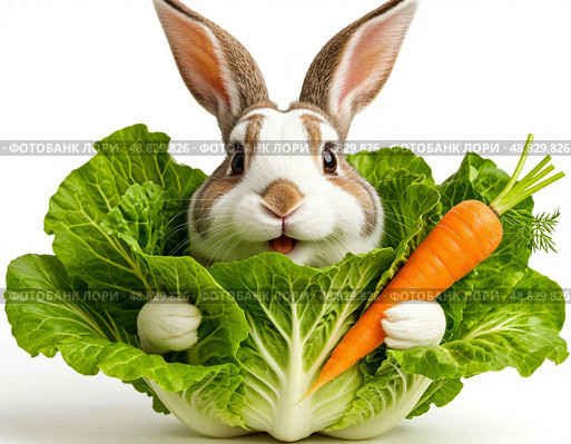 A rabbit is holding a carrot in a leafy green salad. Стоковое AI-изображение, AI-художник Ярославский Максим / Фотобанк Лори