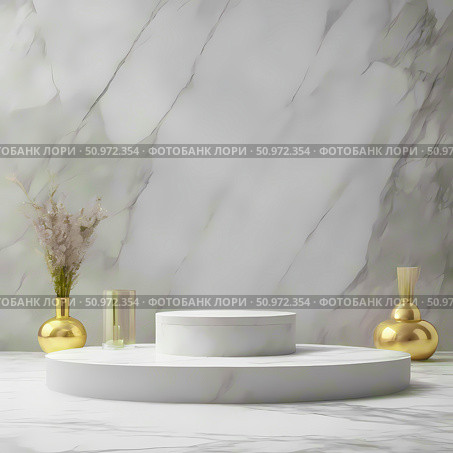 A realistic stand or set of podiums with a background of round-shaped layers. A pastel palette for displaying products on stage, an advertising display... Стоковое AI-изображение, AI-художник lyudmila Soloveva / Фотобанк Лори