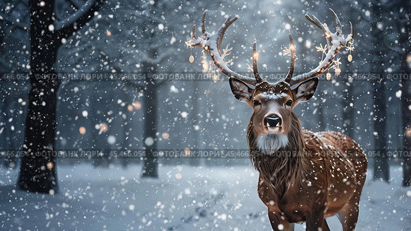 A red deer with shiny big horns in a Christmas garland in snowy weather against a forest background. Стоковое AI-изображение, AI-художник Photojuli / Фотобанк Лори
