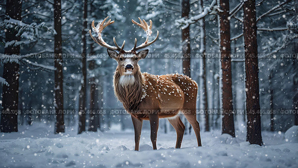 A red deer with shiny big horns in a Christmas garland in snowy weather against a forest background. Стоковое AI-изображение, AI-художник Photojuli / Фотобанк Лори